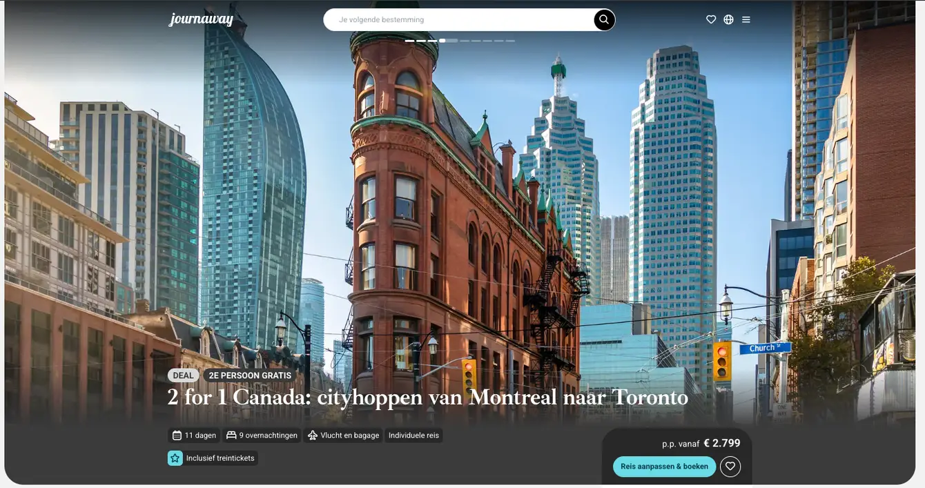 Aanbiedingspagina Journaway: 2 for 1 Canada, 11 dagen Montreal, Ottawa en Toronto vanaf 2799 euro voor twee personen