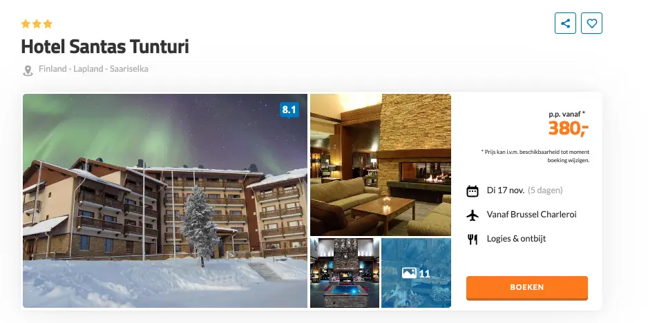 D-reizen screenshot Hotel Santas Tunturi Lapland 5 dagen voor €380