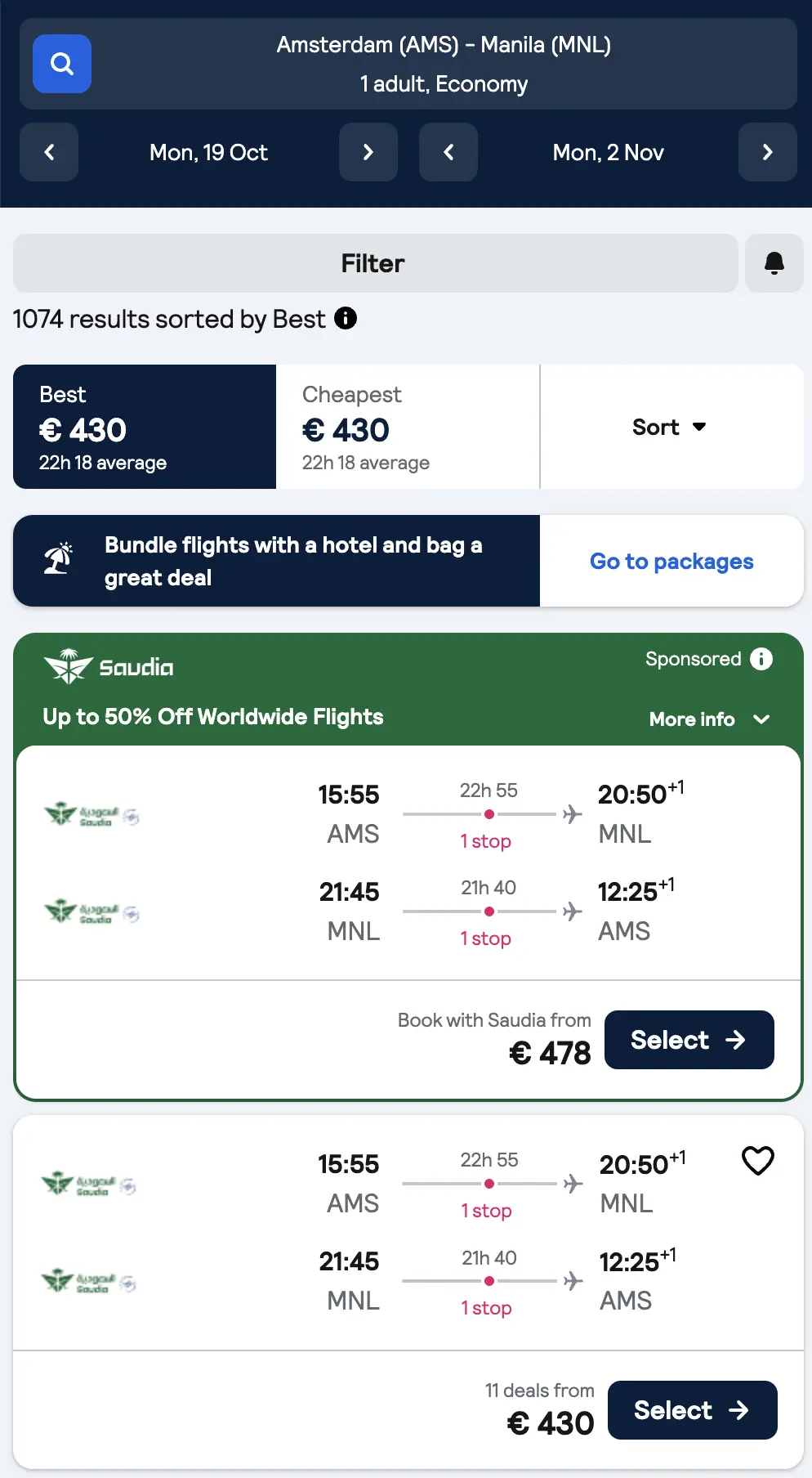 Skyscanner screenshot retour Amsterdam naar Manila €430 p.p. met Saudia