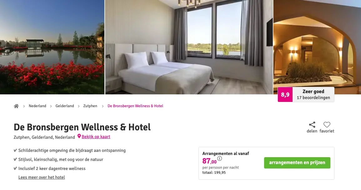 Voordeeluitjes screenshot Bronsbergen Wellness en Hotel Zutphen 2 dagen voor €87