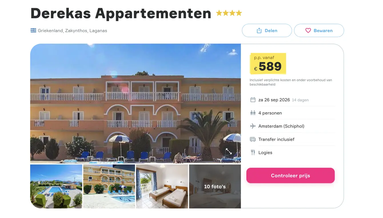 Vakantiediscounter screenshot Derekas Appartementen Zakynthos 14 dagen voor €589