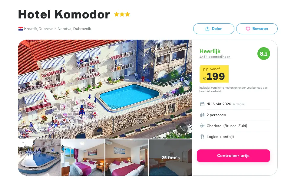 Vakantiediscounter screenshot Hotel Komodor Dubrovnik 4 dagen voor €199 p.p.