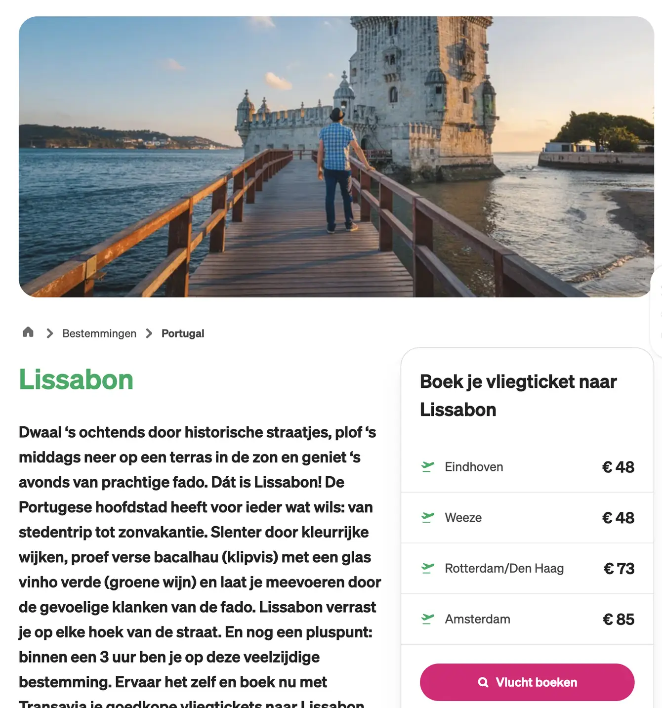 Boekingspagina Transavia: vliegtickets naar Lissabon vanaf 48 euro p.p.