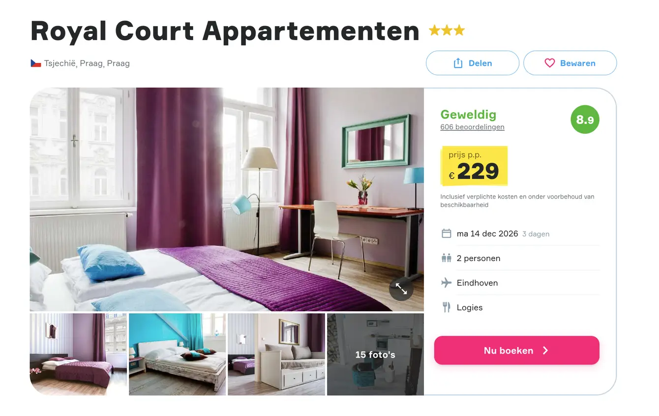 Vakantiediscounter screenshot Royal Court Appartementen Praag 3 dagen voor €229 p.p.