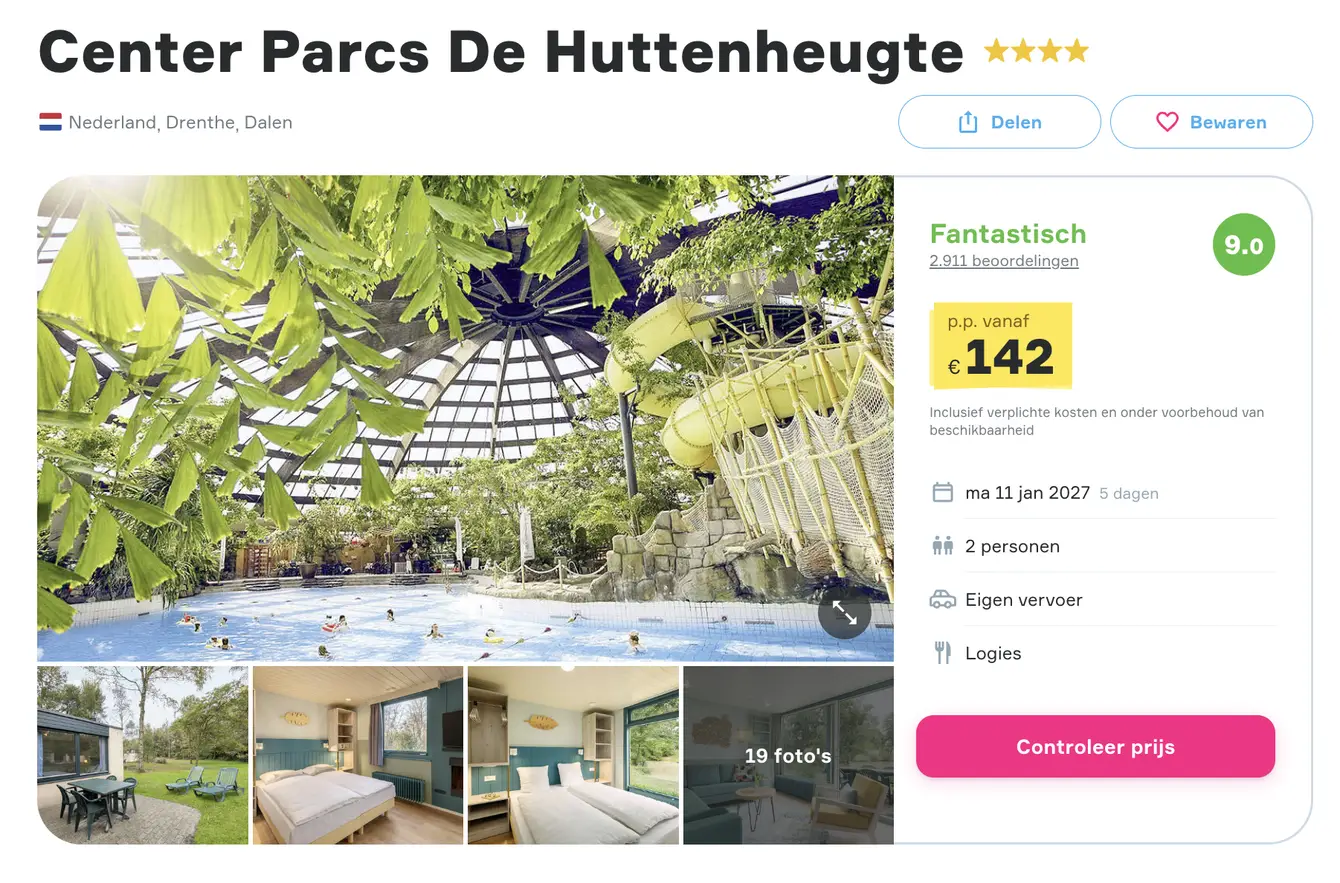 Boekingspagina dé VakantieDiscounter: Center Parcs De Huttenheugte in Drenthe, 5 dagen vanaf 142 euro p.p.
