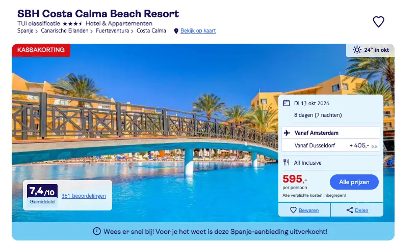 TUI screenshot SBH Costa Calma Beach Resort 8 dagen all inclusive voor €595 p.p.
