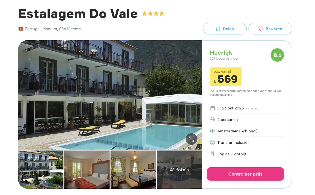 Vakantiediscounter screenshot Estalagem Do Vale Madeira 7 dagen voor €569