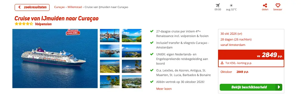 Corendon screenshot 27-daagse cruise IJmuiden naar Curacao vanaf €2849 p.p.