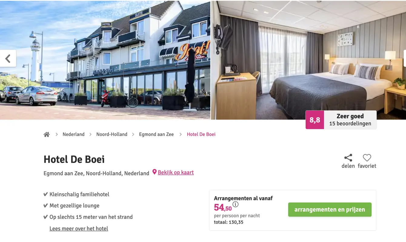 Boekingspagina Voordeeluitjes: Hotel De Boei in Egmond aan Zee vanaf 54,50 euro p.p. per nacht