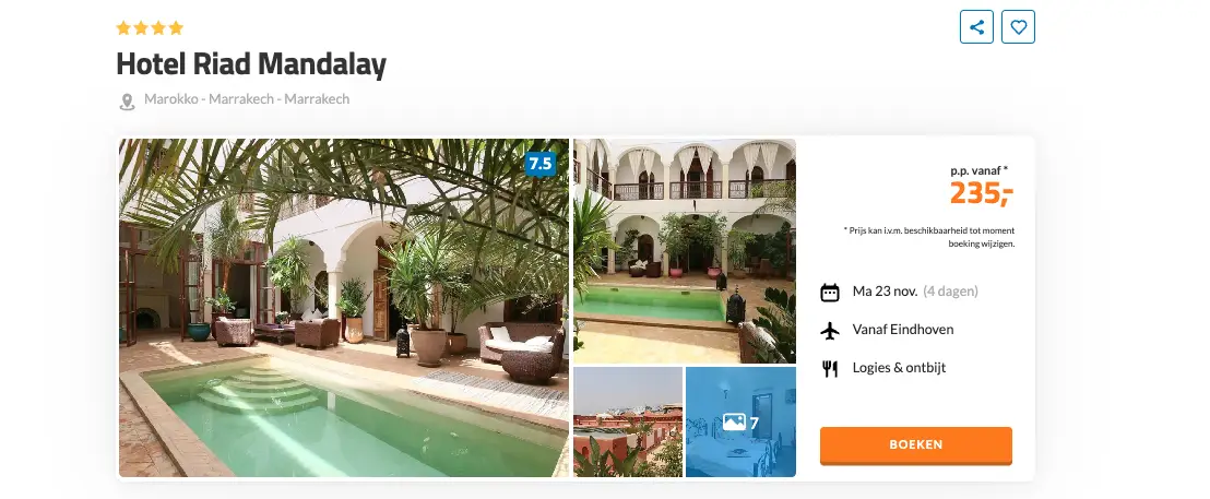 Boekingspagina Riad Mandalay Marrakech bij D-reizen