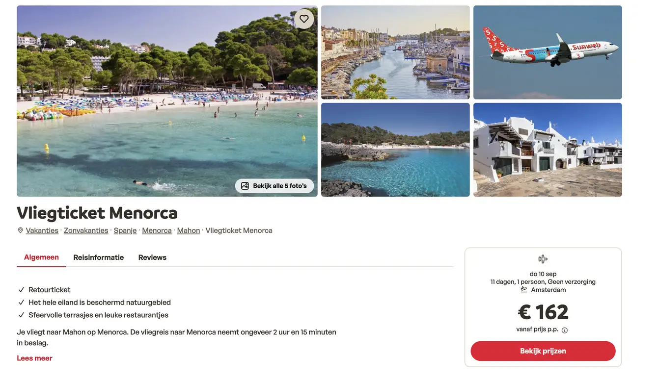 Sunweb screenshot vliegticket Menorca retour voor €162 p.p.
