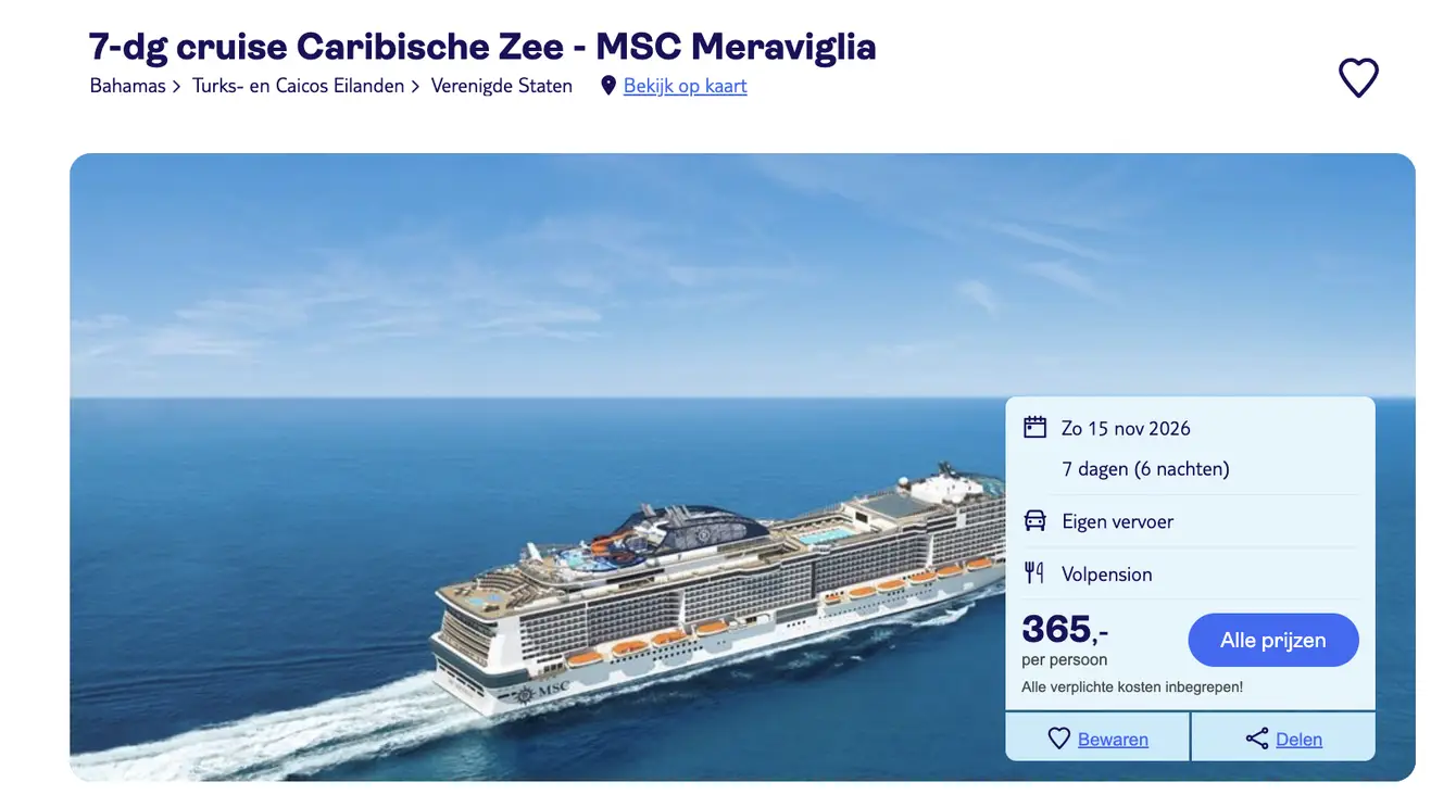 Boekingspagina TUI: MSC Meraviglia vanaf 365 euro p.p.