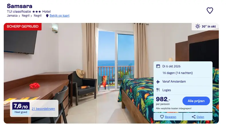 Boekingspagina TUI: Samsara in Negril op Jamaica, 16 dagen vanaf 982 euro p.p.