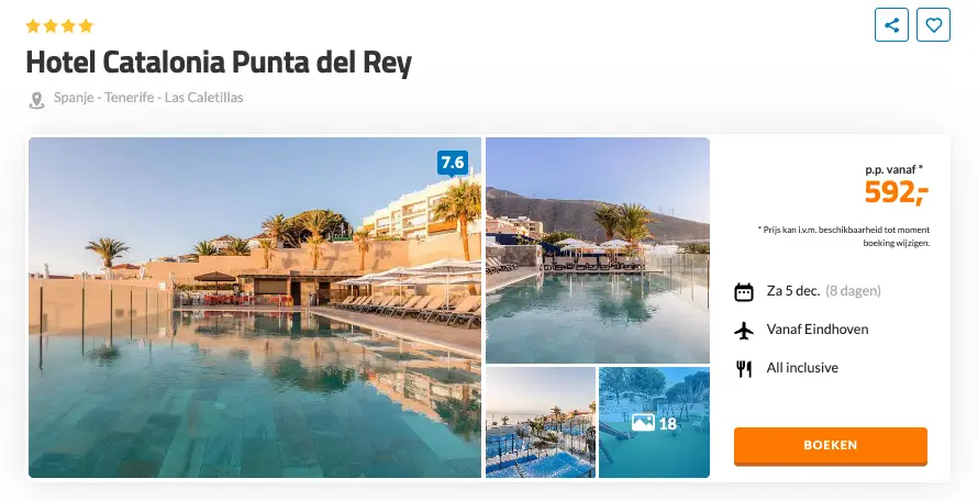 Boekingspagina D-reizen: Hotel Catalonia Punta del Rey op Tenerife, 8 dagen All Inclusive vanaf 592 euro p.p.