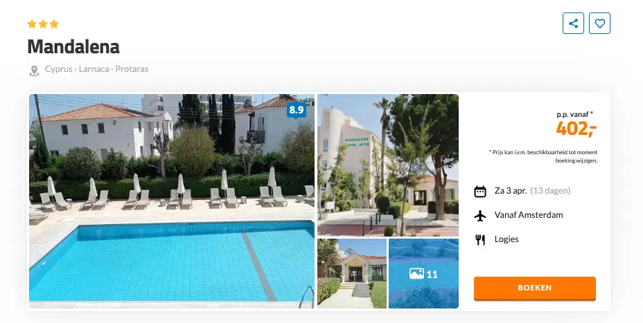 Boekingspagina D-reizen: Mandalena in Protaras op Cyprus, 13 dagen vanaf 402 euro p.p.