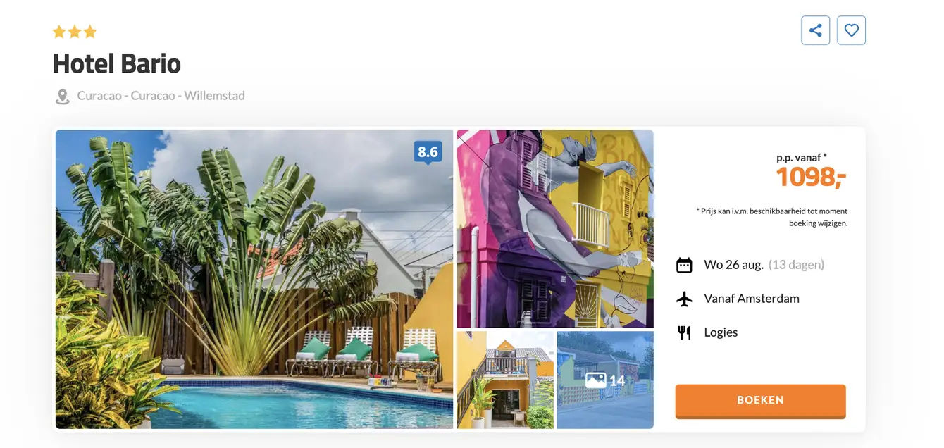 Boekingspagina Hotel Bario Willemstad Curaçao bij D-reizen