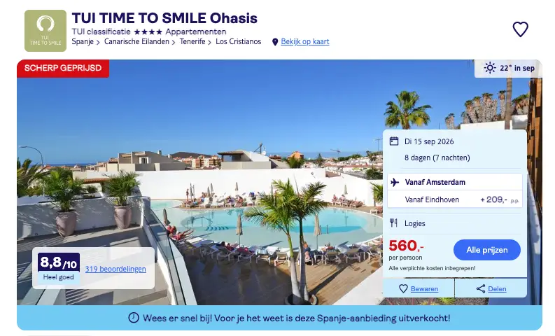 Boekingspagina TUI: TIME TO SMILE Ohasis in Los Cristianos op Tenerife, 8 dagen vanaf 560 euro p.p.