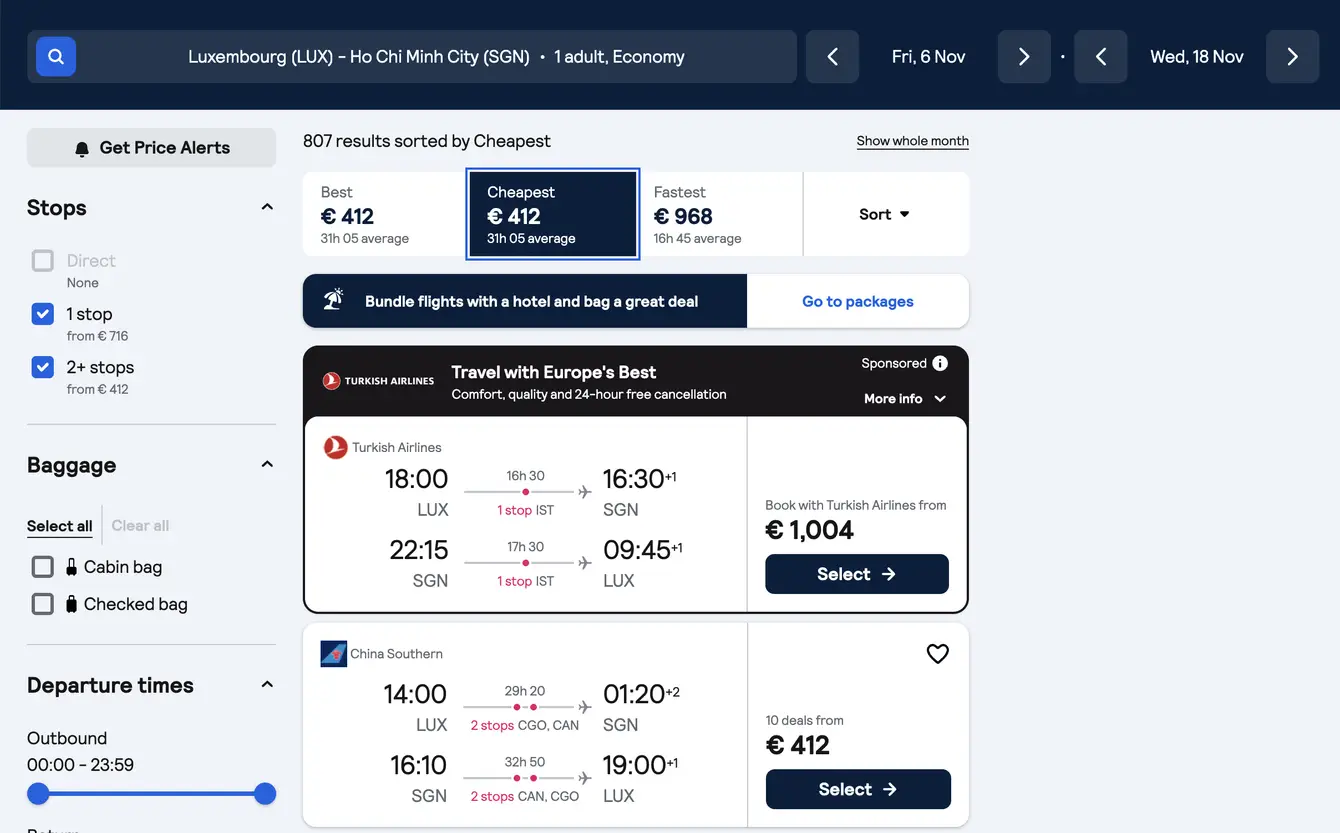 Skyscanner screenshot retour Luxemburg naar Ho Chi Minh City €412 p.p. met China Southern