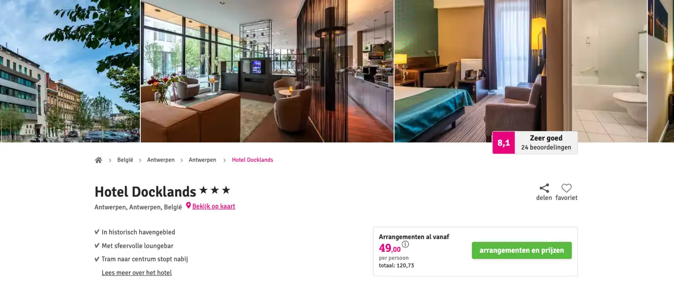 Boekingspagina Hotel Docklands Antwerpen bij Voordeeluitjes