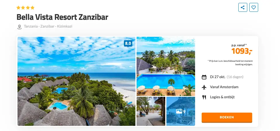 Boekingspagina D-reizen: Bella Vista Resort Zanzibar in Kizimkazi, 16 dagen met ontbijt vanaf 1093 euro p.p.