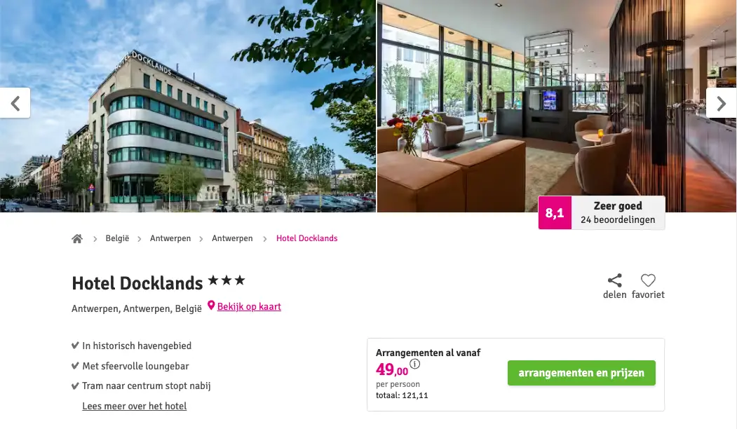Voordeeluitjes screenshot Hotel Docklands Antwerpen €49 p.p. inclusief ontbijt
