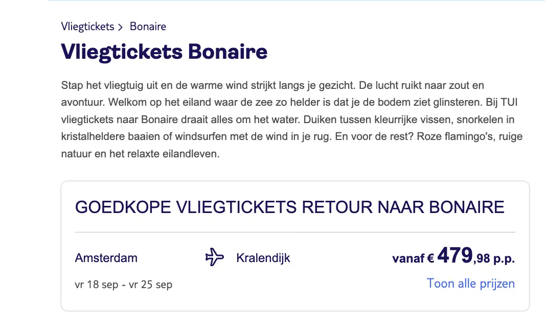 Boekingspagina TUI: Vliegticket Amsterdam - Bonaire v.v. vanaf 479 euro p.p.