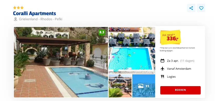 Boekingspagina Prijsvrij: Coralli Apartments op Rhodos, 11 dagen vanaf 336 euro p.p.
