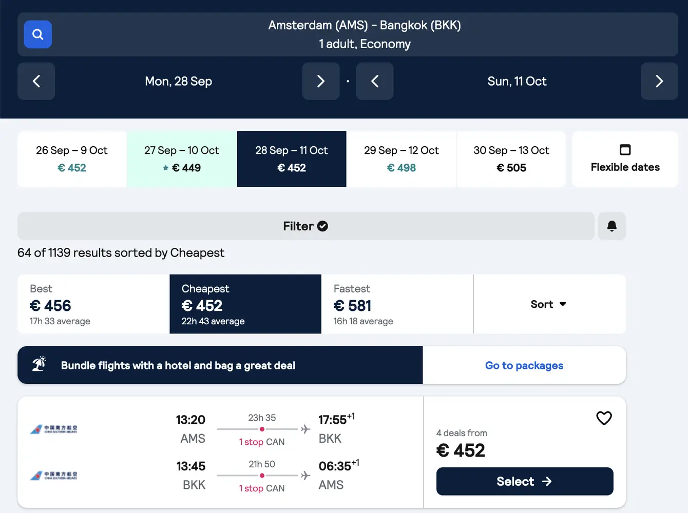 Skyscanner screenshot retour Amsterdam naar Bangkok €452 p.p. met China Southern