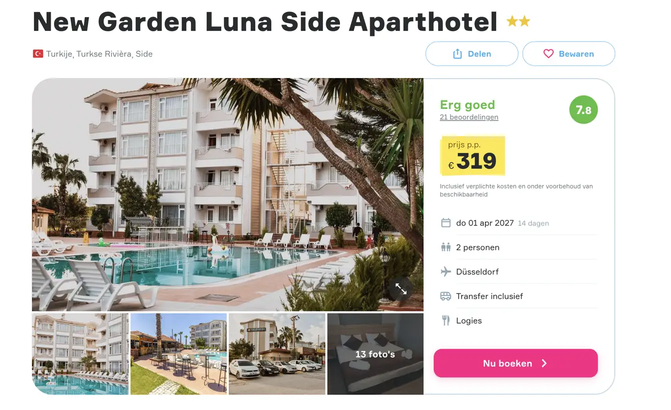 Vakantiediscounter screenshot New Garden Luna Side 14 dagen voor €319 p.p.