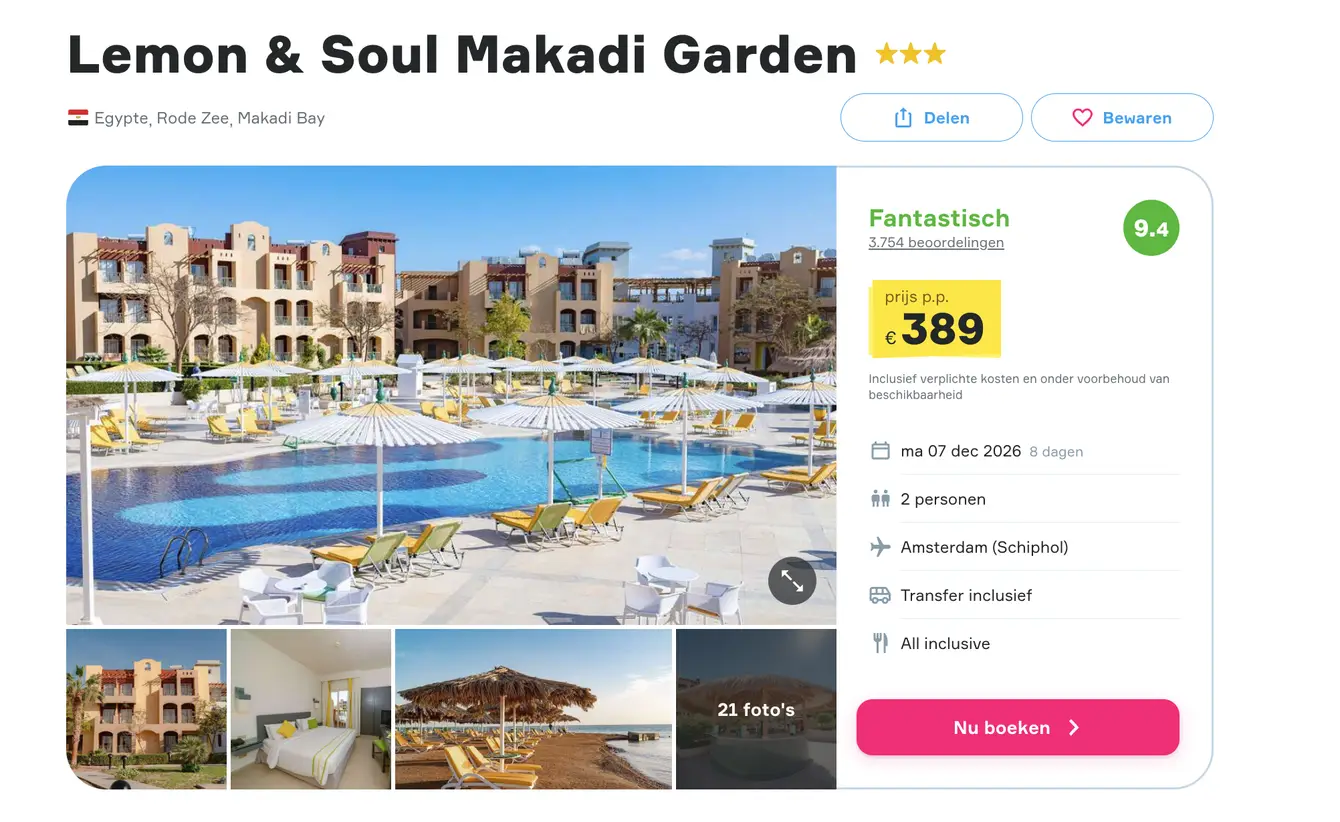 Vakantiediscounter screenshot Lemon & Soul Makadi Garden 8 dagen all inclusive voor €389 p.p.