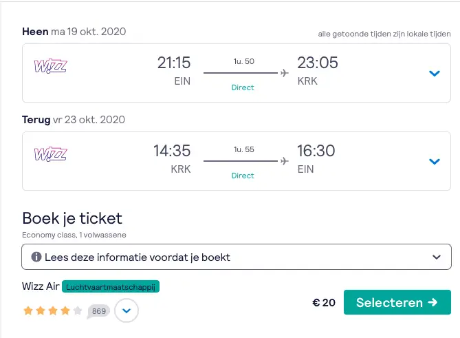 Vliegticket-eindhoven-krakau-wizz-screenshot