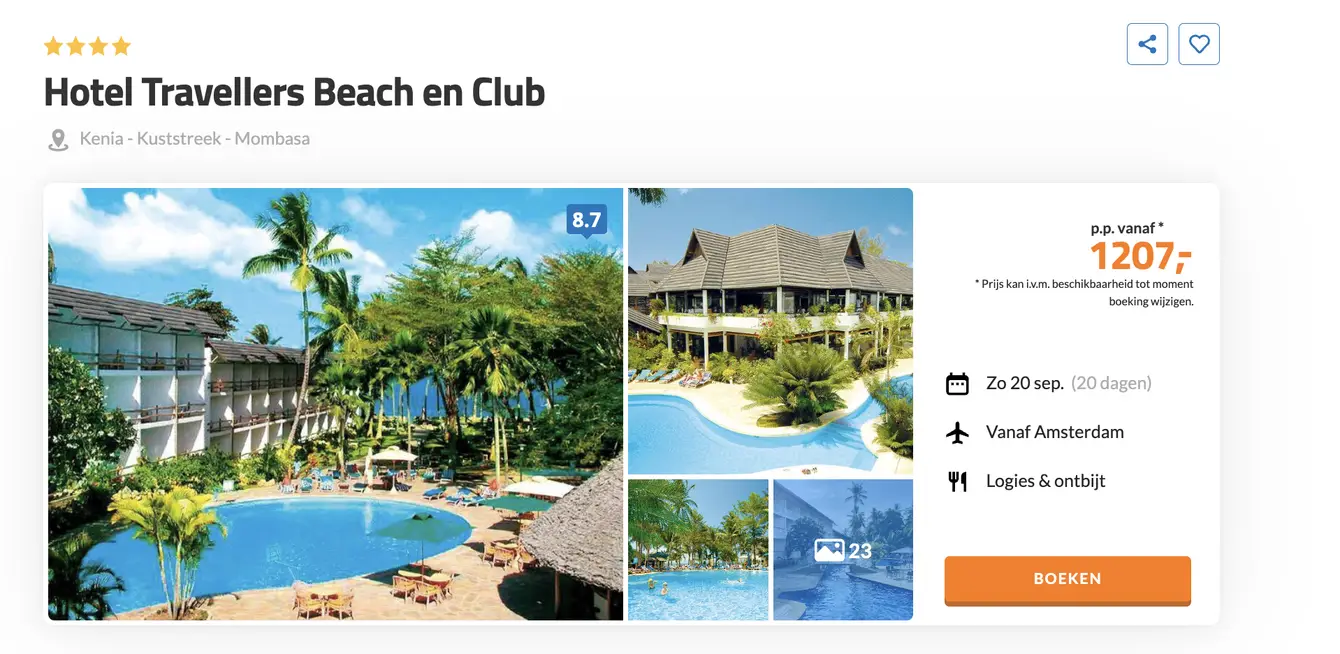 D-reizen screenshot Travellers Beach en Club Mombasa 20 dagen voor €1207 p.p.
