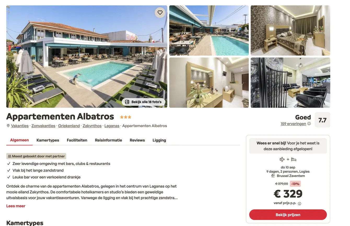 Sunweb screenshot Appartementen Albatros Zakynthos 9 dagen voor €329