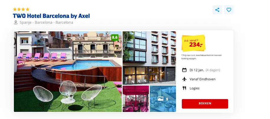 Boekingspagina Prijsvrij: TWO Hotel Barcelona by Axel, 4 dagen vanaf 234 euro p.p.