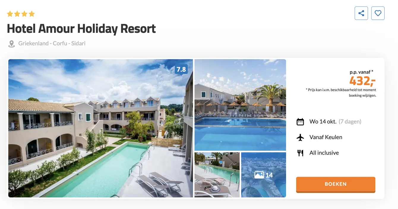 D-reizen screenshot Amour Holiday Resort Corfu all inclusive voor €432 p.p.