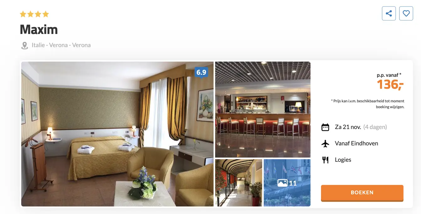 Boekingspagina D-reizen: Maxim 4-sterren in Verona, 4 dagen vanaf 136 euro p.p.