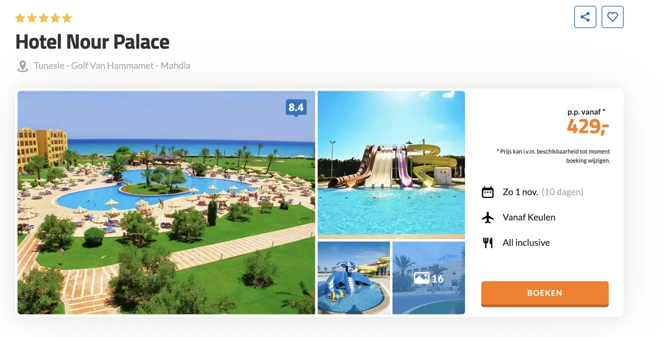 Boekingspagina D-reizen: Hotel Nour Palace in Mahdia, Tunesie, 10 dagen All Inclusive vanaf 429 euro p.p.