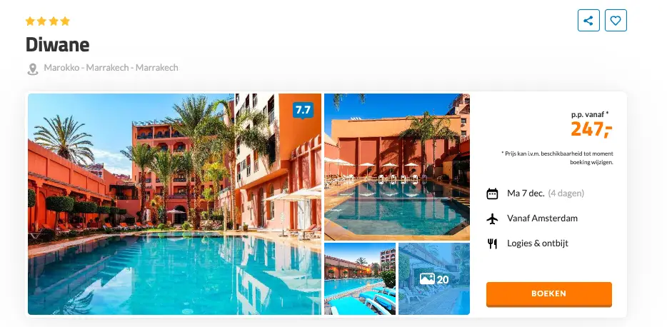 Boekingspagina D-reizen: Hotel Diwane in Marrakech, 4 dagen met ontbijt vanaf 247 euro p.p.