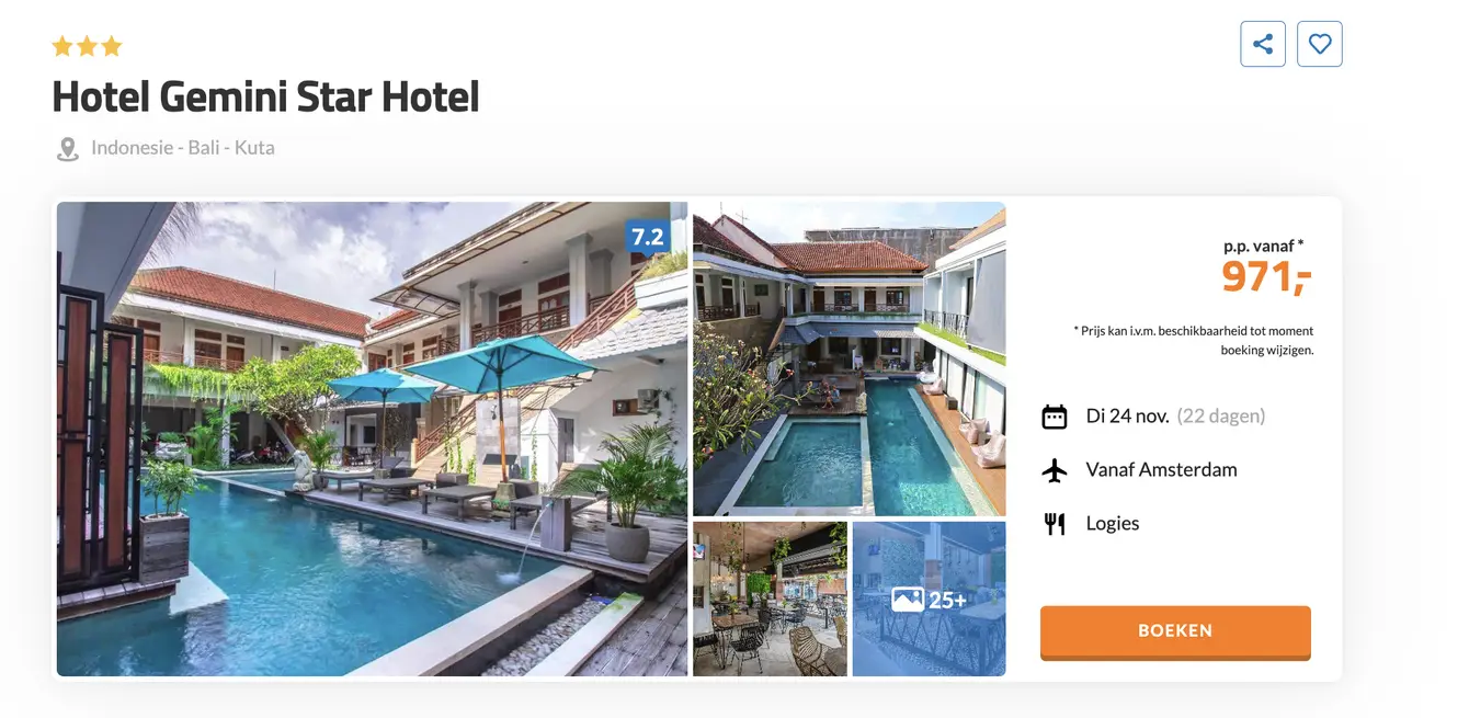 D-reizen screenshot Hotel Gemini Star Hotel Kuta Bali 22 dagen voor €971