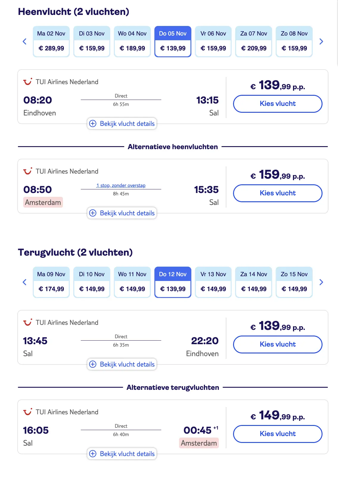 Zoekresultaten TUI: retour Eindhoven - Sal met directe vluchten, vanaf 139,99 euro per enkele reis