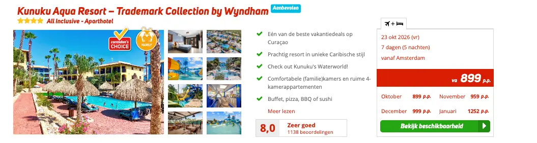 Boekingspagina Corendon: Kunuku Aqua Resort op Curaçao, All Inclusive vanaf 899 euro p.p.