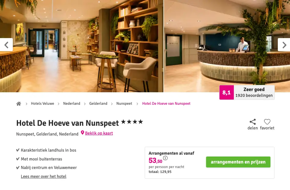 Boekingspagina Voordeeluitjes: Hotel De Hoeve van Nunspeet 4-**** vanaf 53 euro p.p.