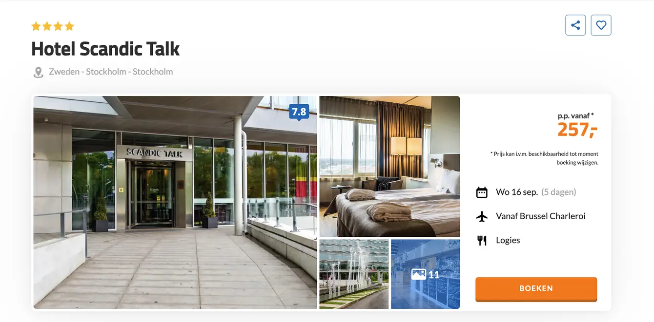 D-reizen screenshot Hotel Scandic Talk Stockholm 5 dagen voor €257 p.p.