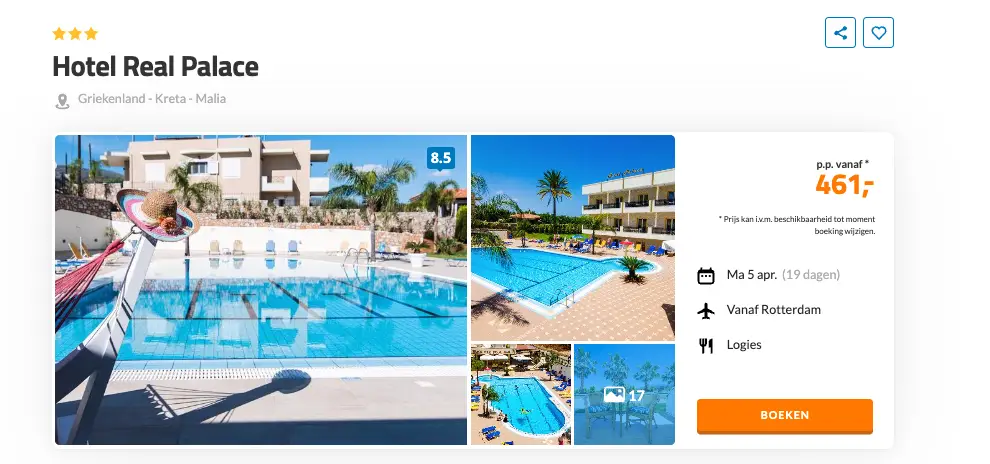 Boekingspagina D-reizen: Hotel Real Palace op Kreta, 19 dagen vanaf 461 euro p.p.