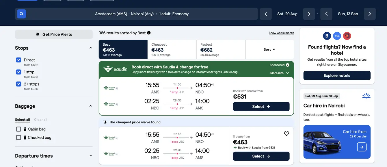 Skyscanner screenshot retourticket Amsterdam Nairobi met Saudia voor €469